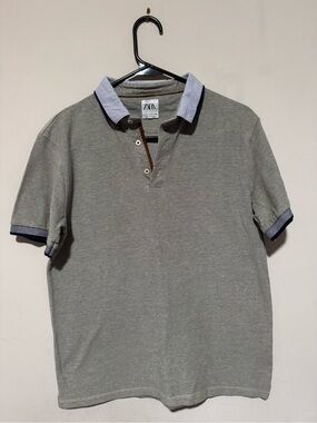 Zara Grey Polo with Light Blue Contrast Collar
